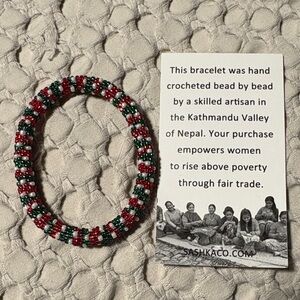 Red, Green, and White Beaded Bracelet